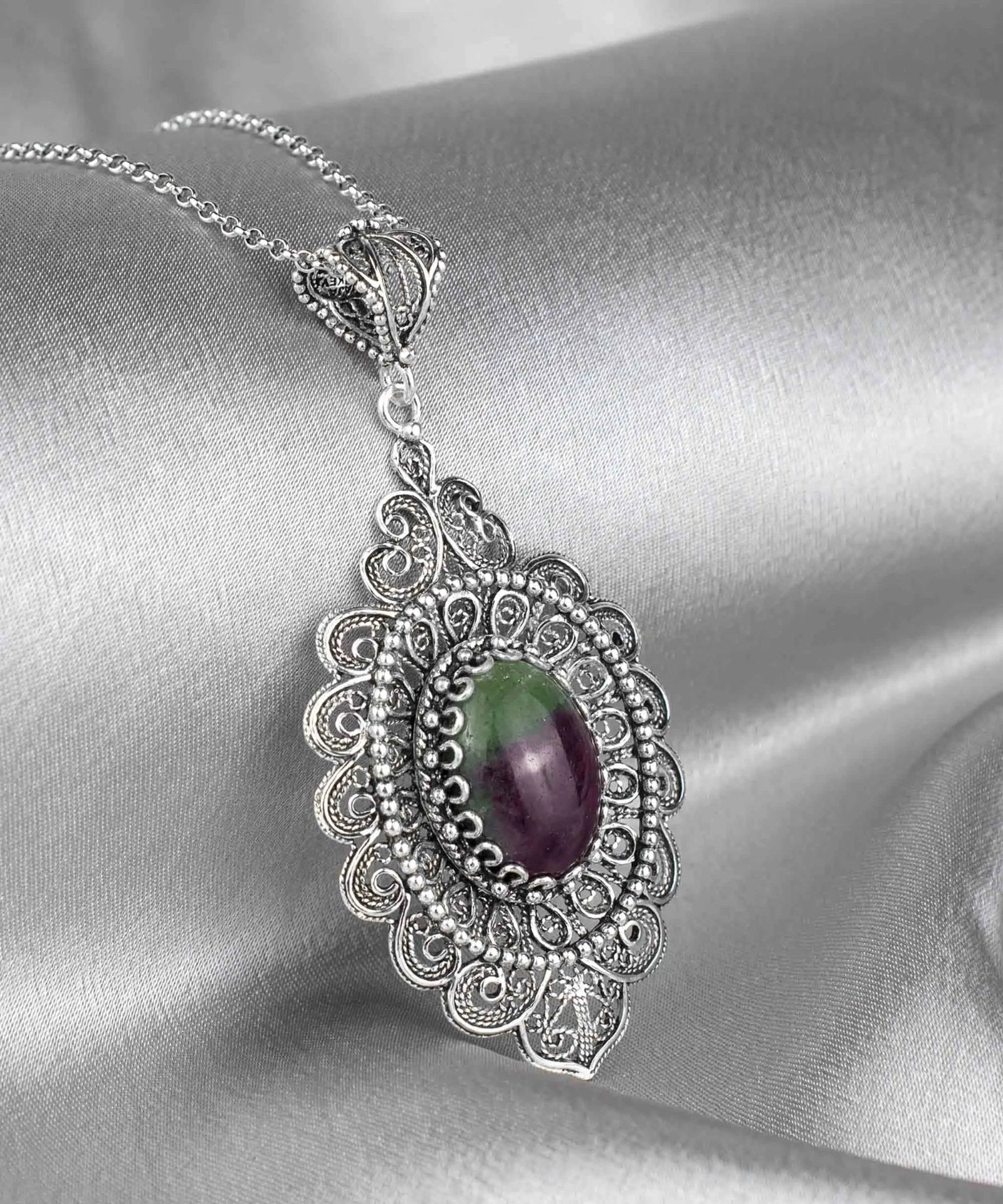 Filigree Art Ruby Zoisite Gemstone Floral Figured Women Silver Oval Pendant Necklace - Drakoi Marketplace