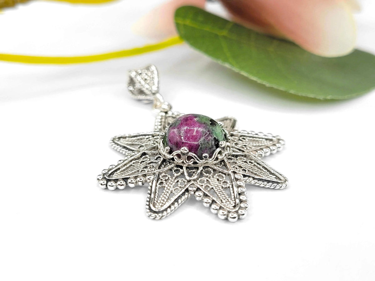 Filigree Art Ruby Zoisite Gemstone Sunflower Design Women Silver Pendant Necklace - Drakoi Marketplace