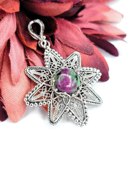 Filigree Art Ruby Zoisite Gemstone Sunflower Design Women Silver Pendant Necklace - Drakoi Marketplace