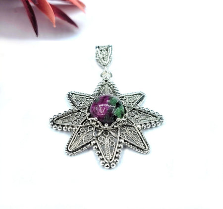 Filigree Art Ruby Zoisite Gemstone Sunflower Design Women Silver Pendant Necklace - Drakoi Marketplace