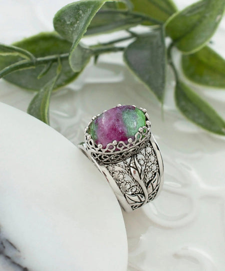 Filigree Art Ruby Zoisite Gemstone Tulip Detailed Silver Women Statement Ring - Drakoi Marketplace