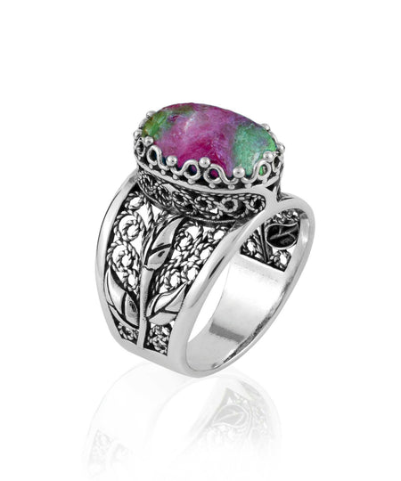 Filigree Art Ruby Zoisite Gemstone Tulip Detailed Silver Women Statement Ring - Drakoi Marketplace