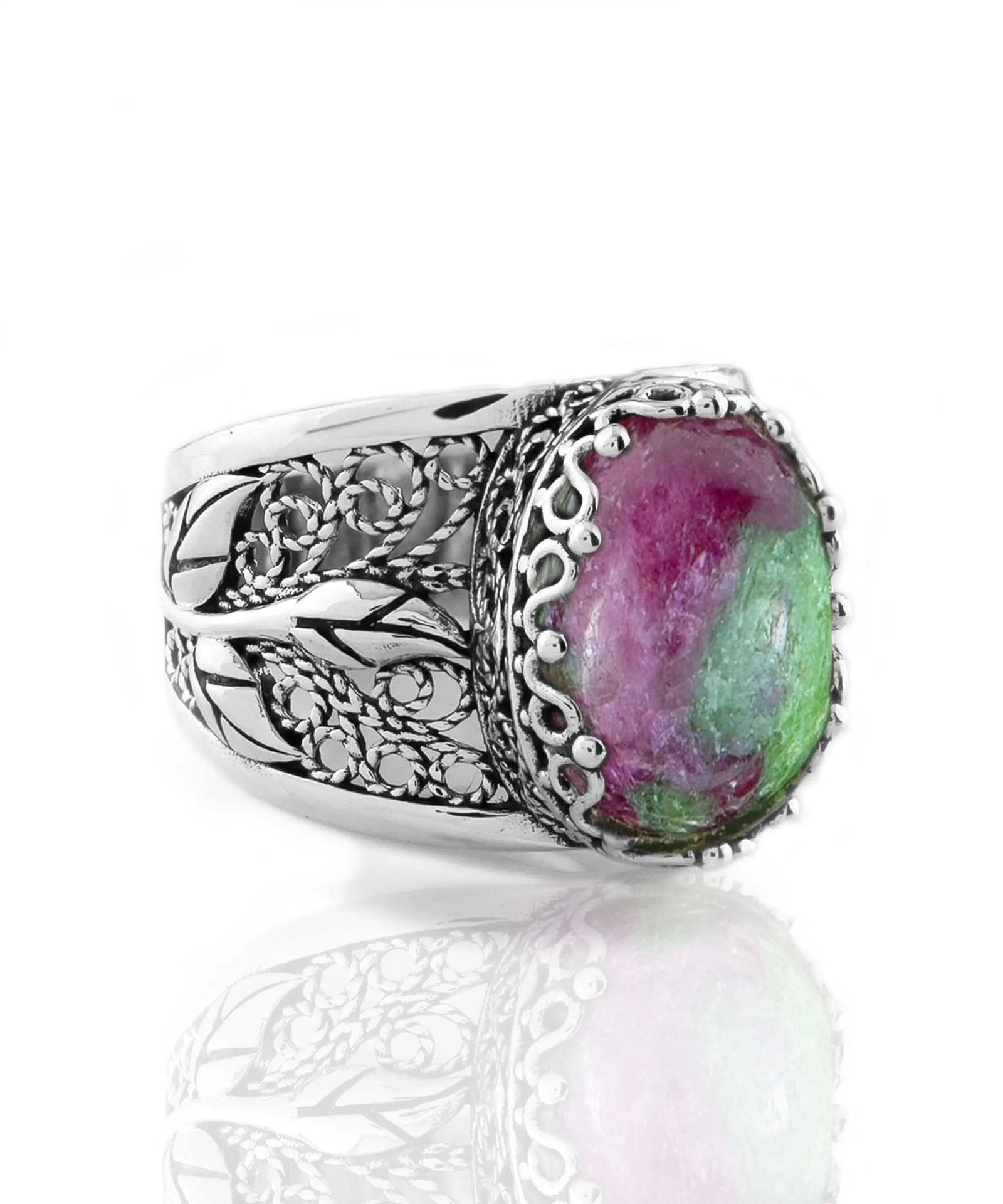 Filigree Art Ruby Zoisite Gemstone Tulip Detailed Silver Women Statement Ring - Drakoi Marketplace