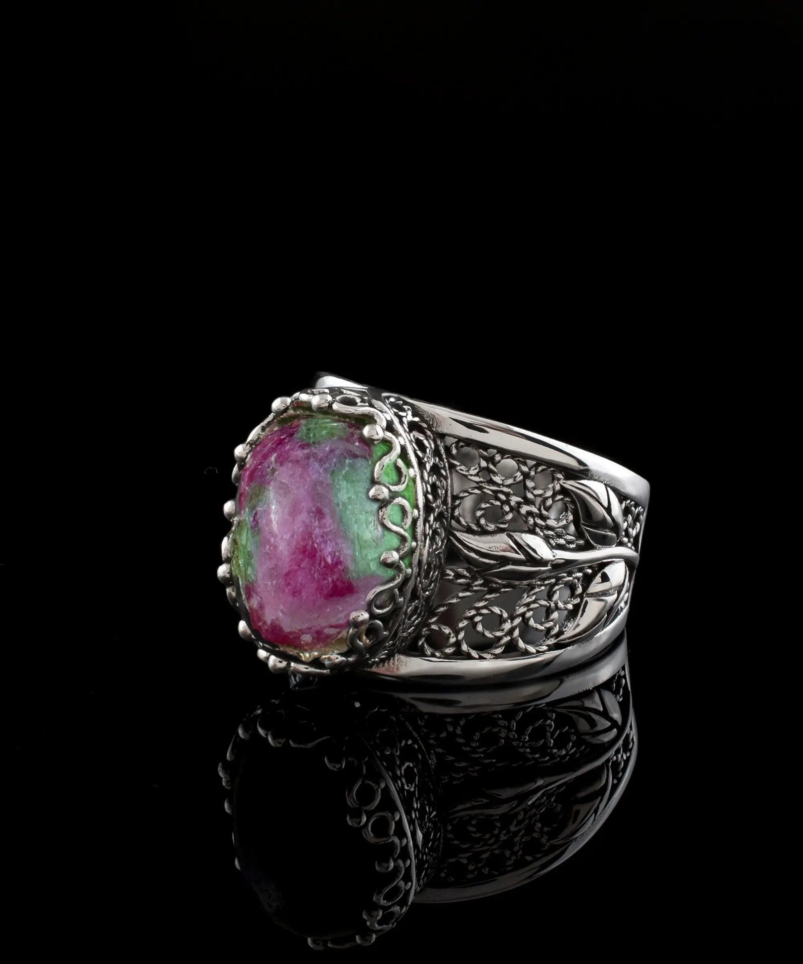 Filigree Art Ruby Zoisite Gemstone Tulip Detailed Silver Women Statement Ring - Drakoi Marketplace