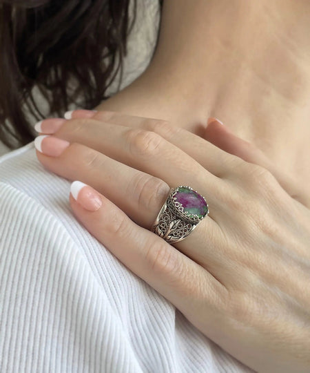 Filigree Art Ruby Zoisite Gemstone Tulip Detailed Silver Women Statement Ring - Drakoi Marketplace