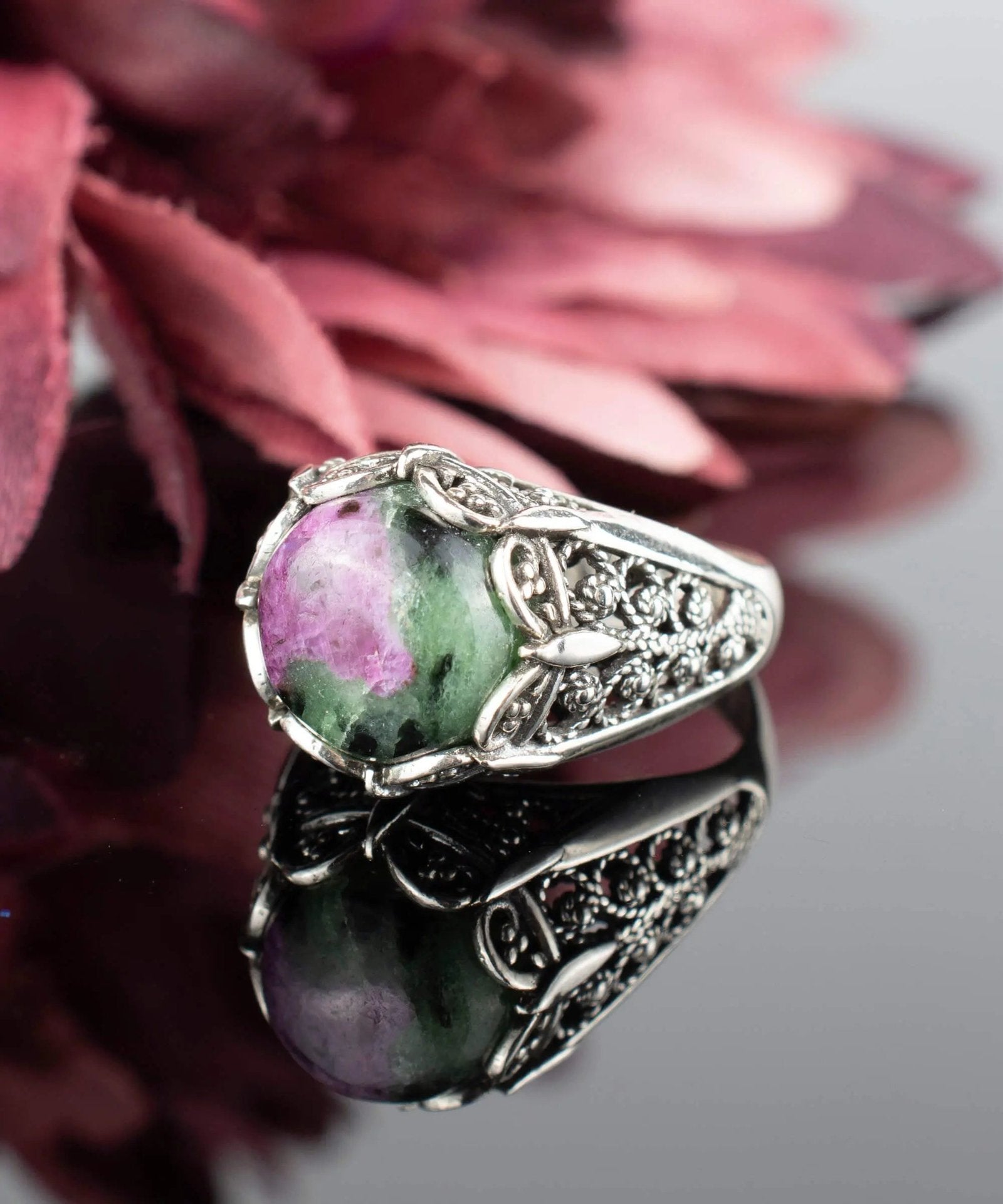 Filigree Art Ruby Zoisite Gemstone Women Silver Cocktail Ring - Drakoi Marketplace