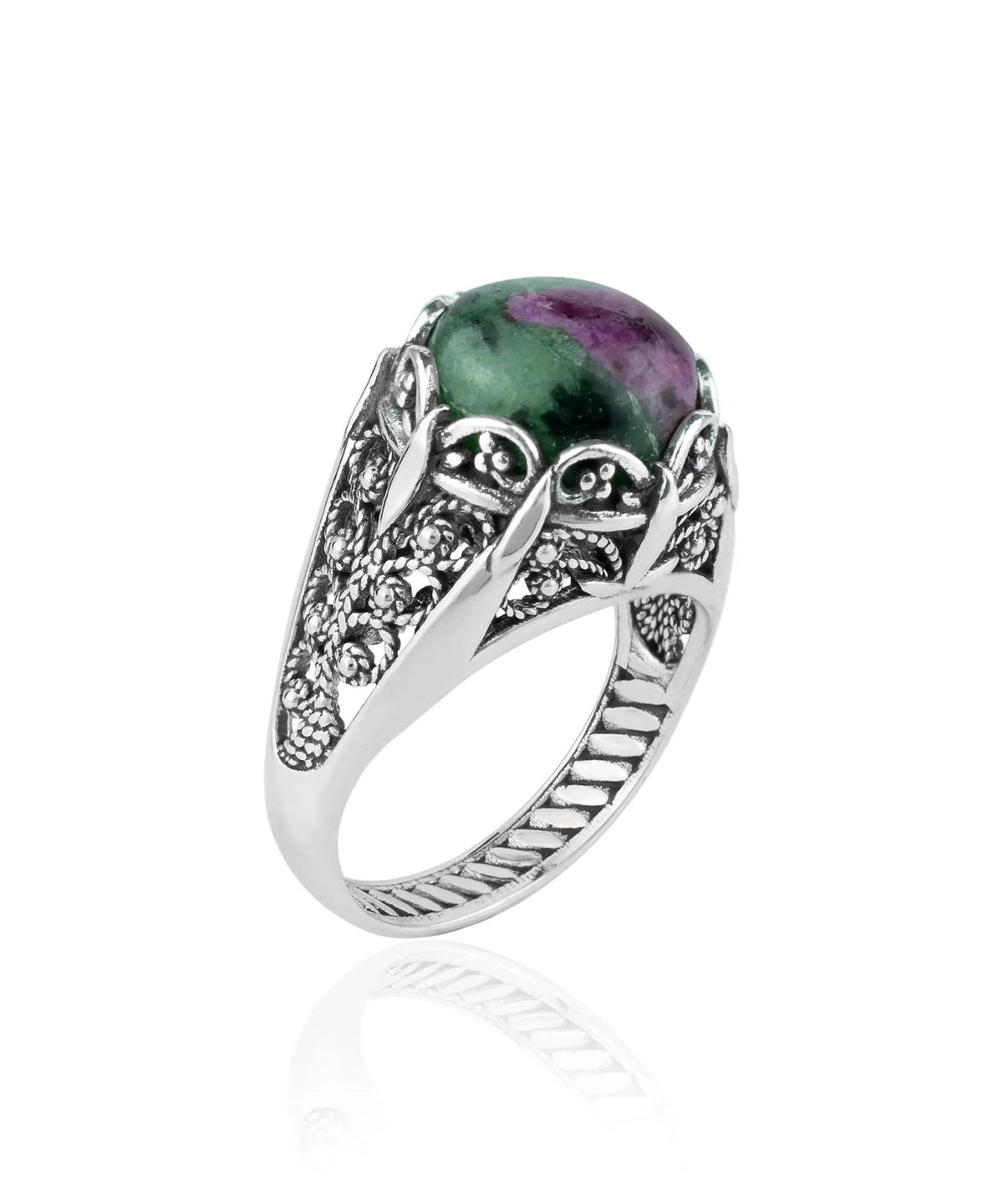 Filigree Art Ruby Zoisite Gemstone Women Silver Cocktail Ring - Drakoi Marketplace