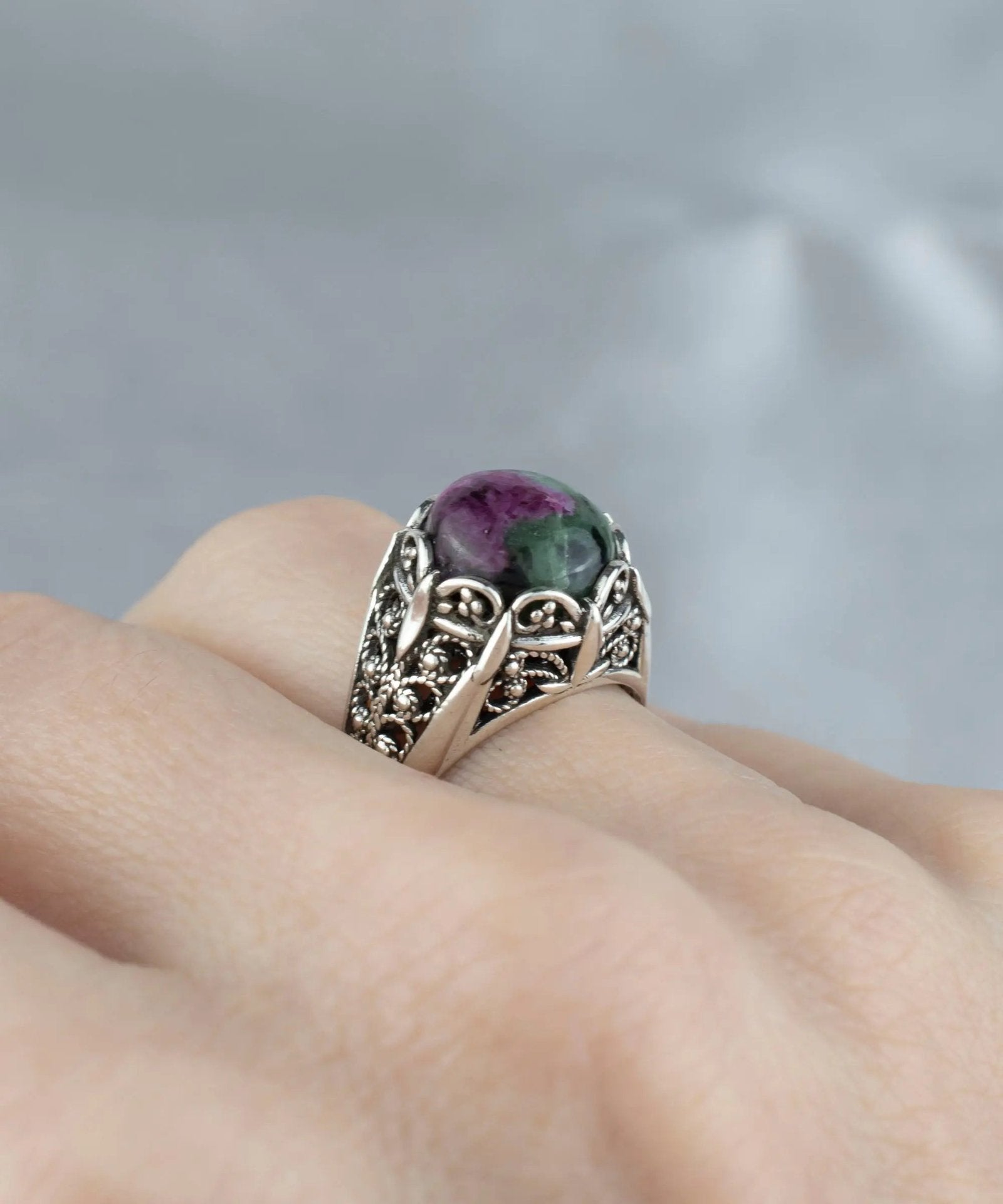 Filigree Art Ruby Zoisite Gemstone Women Silver Cocktail Ring - Drakoi Marketplace