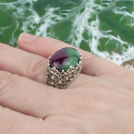 Filigree Art Ruby Zoisite Gemstone Women Silver Dome Statement Ring - Drakoi Marketplace