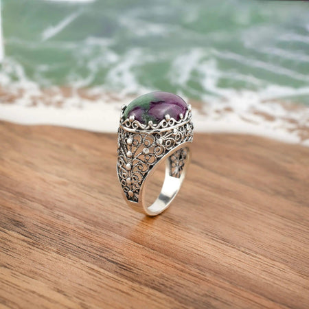 Filigree Art Ruby Zoisite Gemstone Women Silver Dome Statement Ring - Drakoi Marketplace