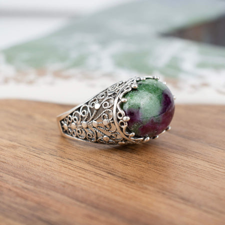 Filigree Art Ruby Zoisite Gemstone Women Silver Dome Statement Ring - Drakoi Marketplace