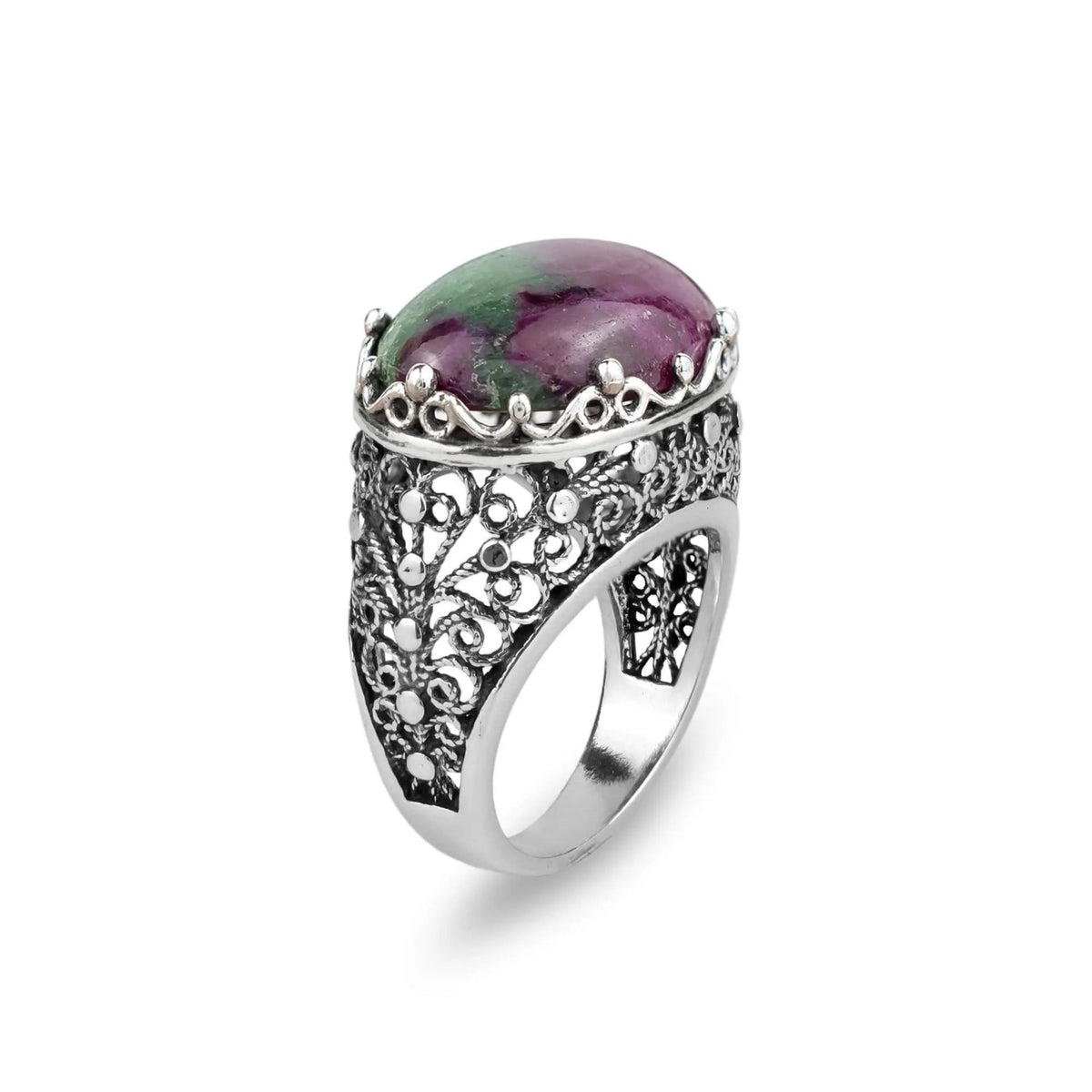 Filigree Art Ruby Zoisite Gemstone Women Silver Dome Statement Ring - Drakoi Marketplace