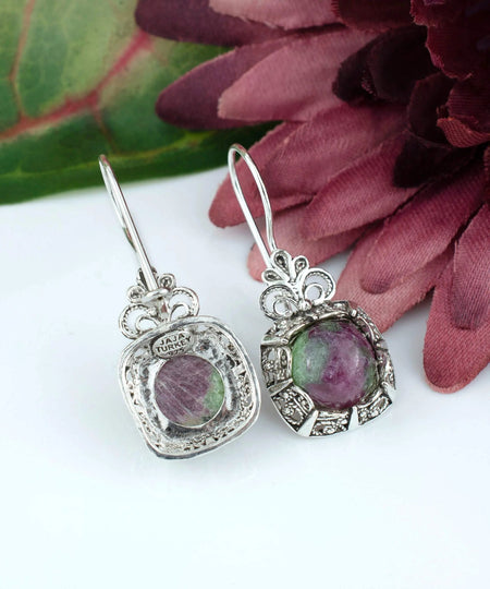 Filigree Art Ruby Zoisite Gemstone Women Silver Drop Earrings - Drakoi Marketplace