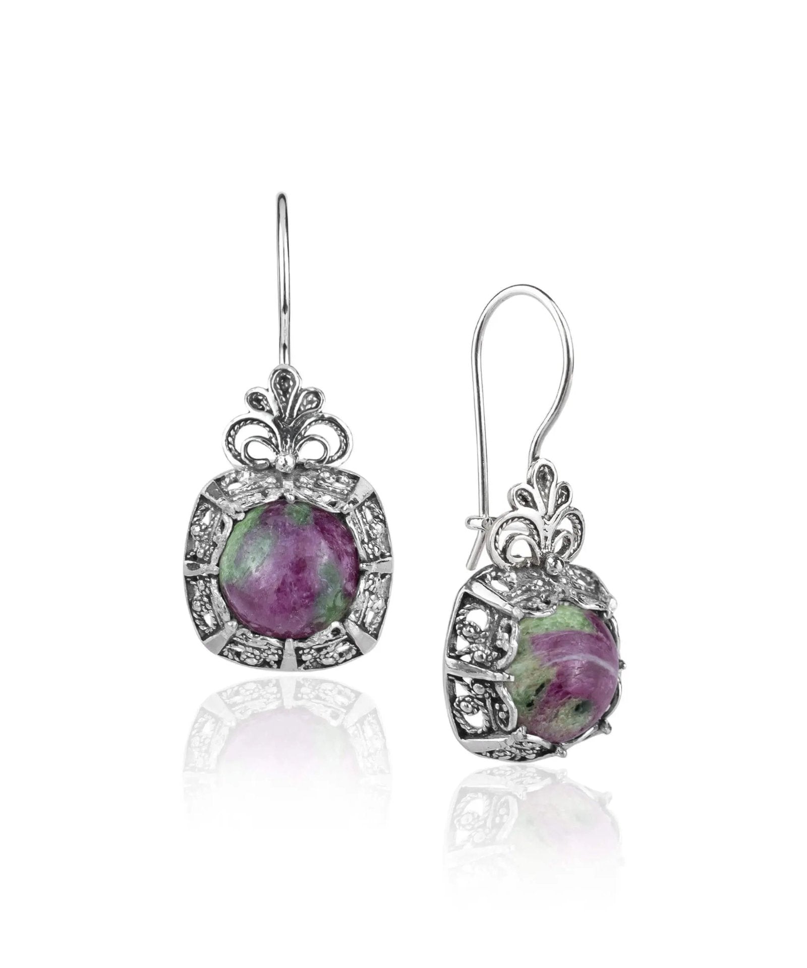 Filigree Art Ruby Zoisite Gemstone Women Silver Drop Earrings - Drakoi Marketplace