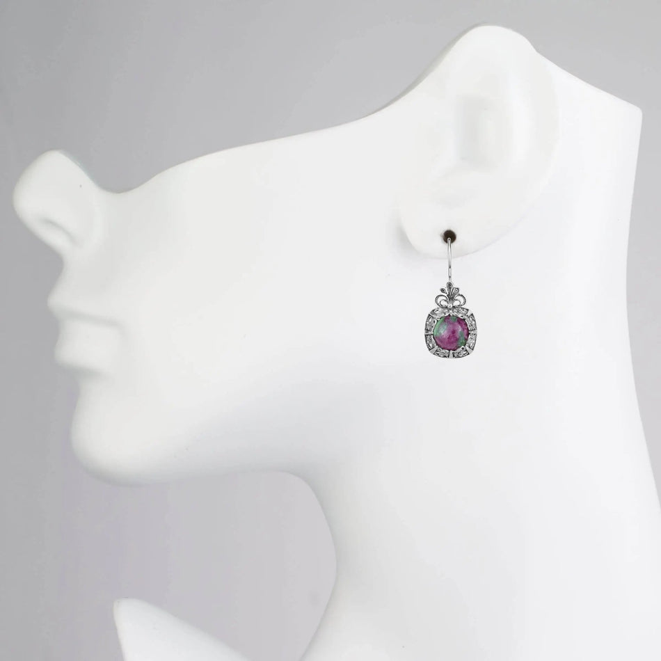 Filigree Art Ruby Zoisite Gemstone Women Silver Drop Earrings - Drakoi Marketplace