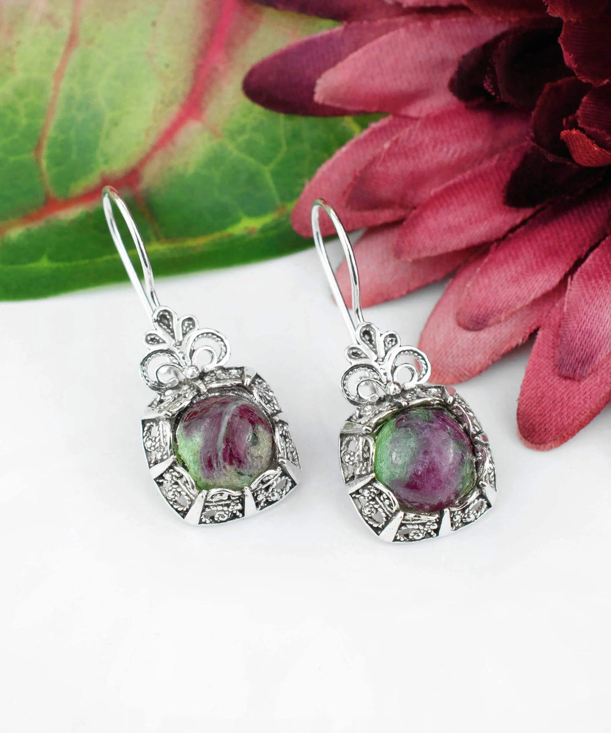 Filigree Art Ruby Zoisite Gemstone Women Silver Drop Earrings - Drakoi Marketplace