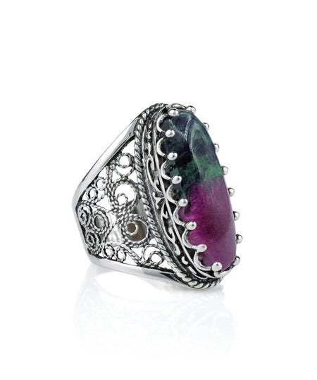 Filigree Art Ruby Zoisite Gemstone Women Silver Long Statement Ring - Drakoi Marketplace