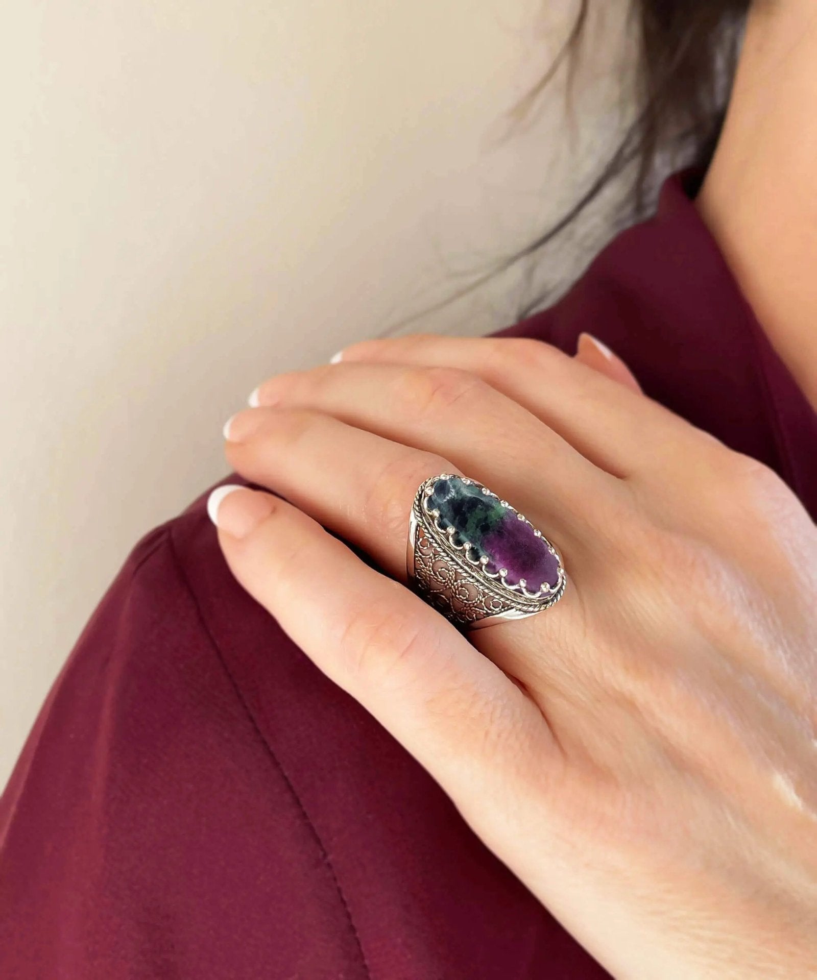 Filigree Art Ruby Zoisite Gemstone Women Silver Long Statement Ring - Drakoi Marketplace