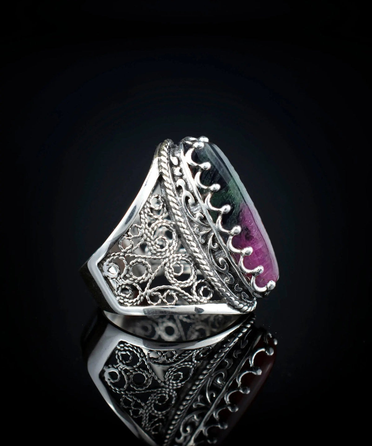 Filigree Art Ruby Zoisite Gemstone Women Silver Long Statement Ring - Drakoi Marketplace