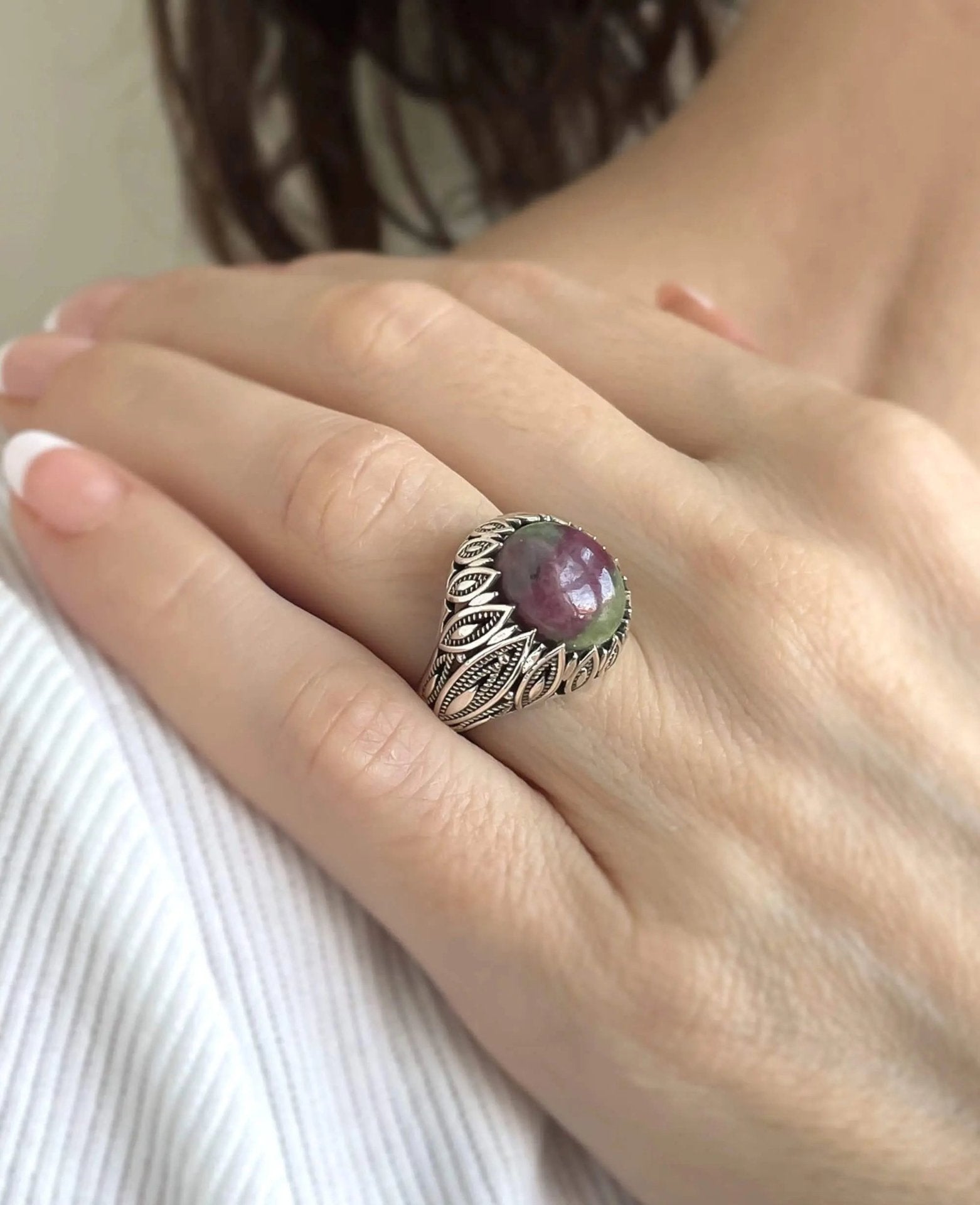 Filigree Art Ruby Zoisite Gemstone Women Silver Statement Ring - Drakoi Marketplace