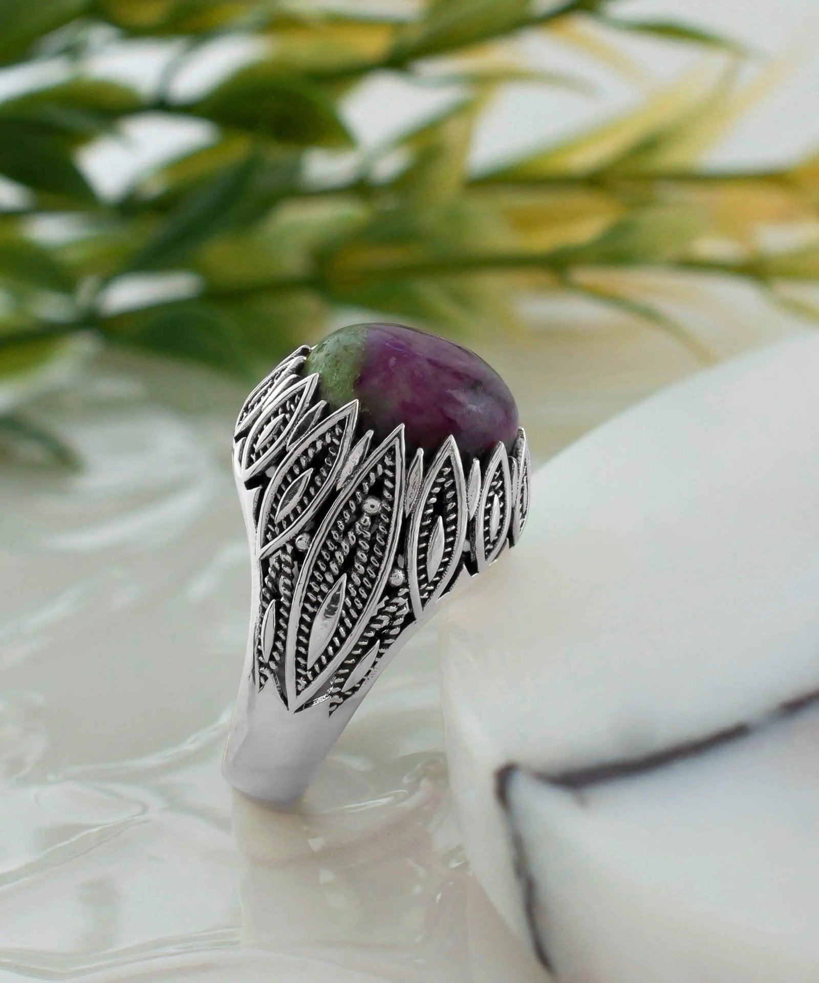 Filigree Art Ruby Zoisite Gemstone Women Silver Statement Ring - Drakoi Marketplace