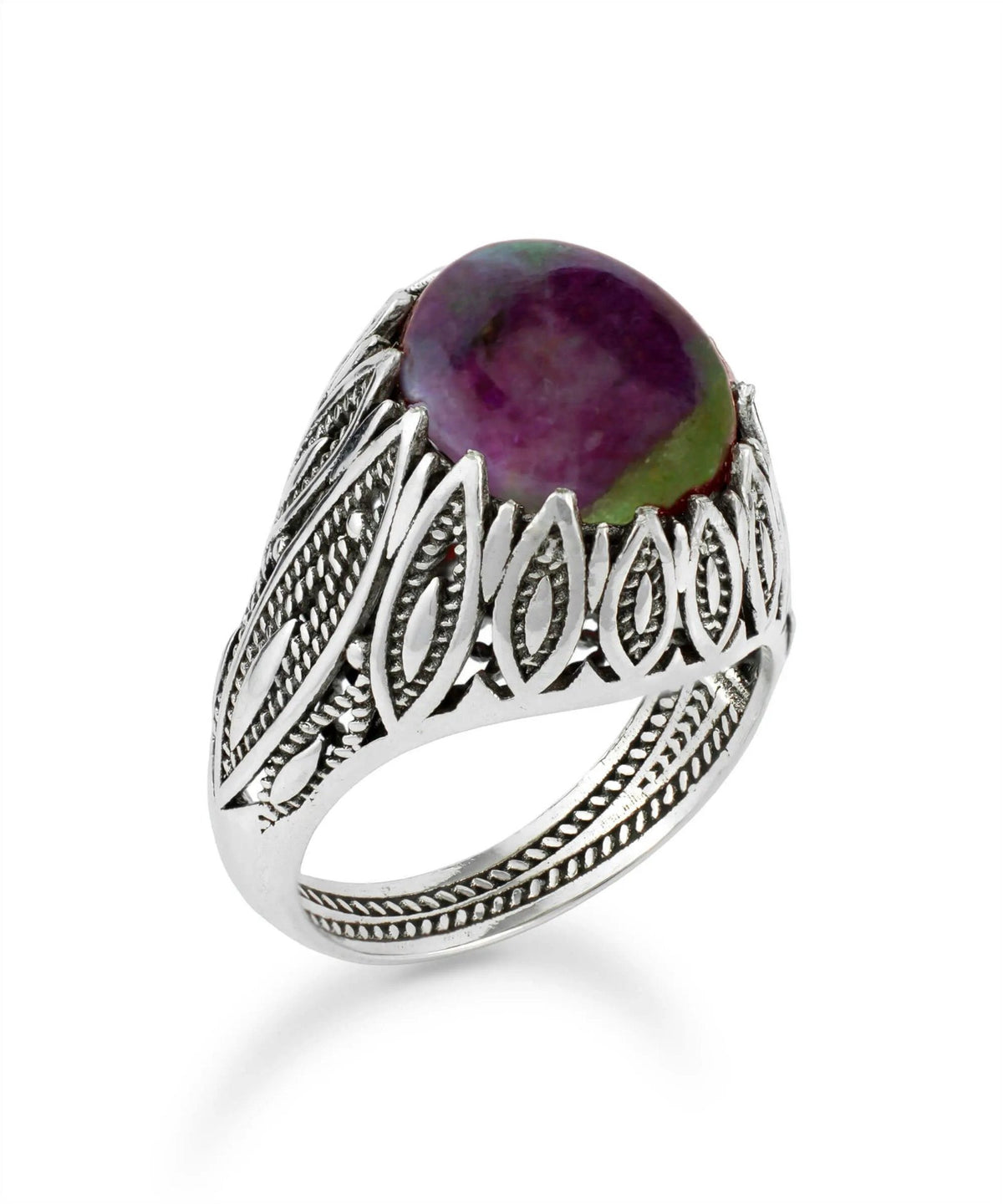 Filigree Art Ruby Zoisite Gemstone Women Silver Statement Ring - Drakoi Marketplace