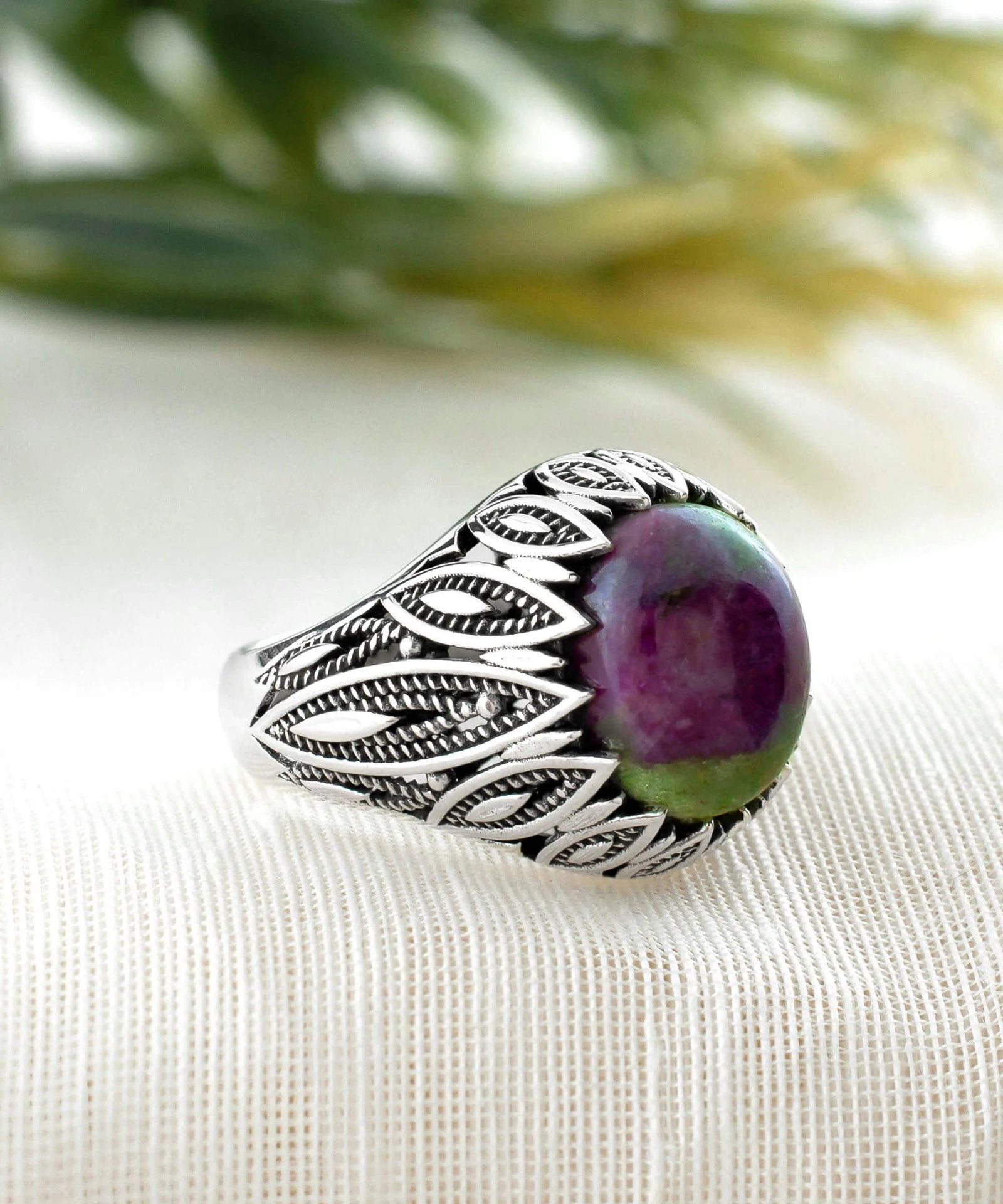 Filigree Art Ruby Zoisite Gemstone Women Silver Statement Ring - Drakoi Marketplace