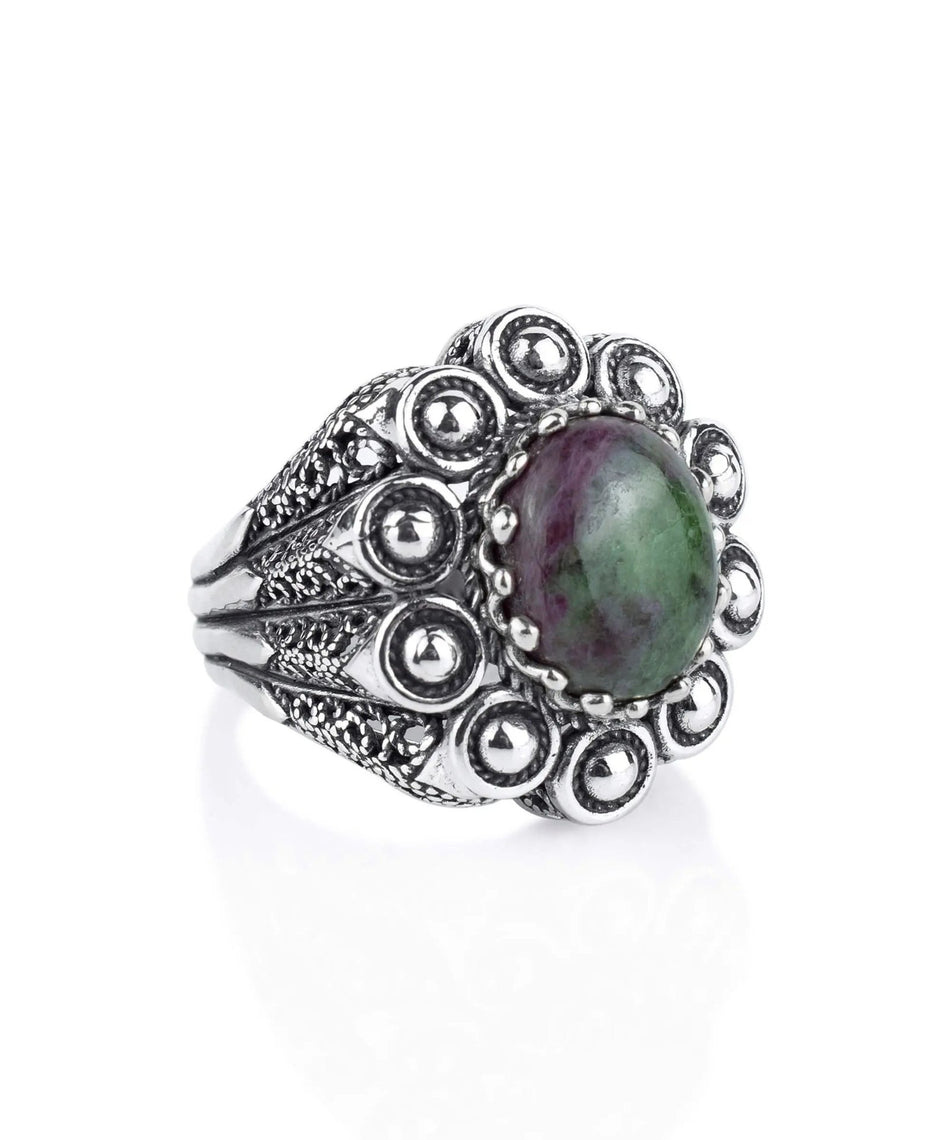 Filigree Art Ruby Zoisite Gemstone Women Statement Dome Ring - Drakoi Marketplace