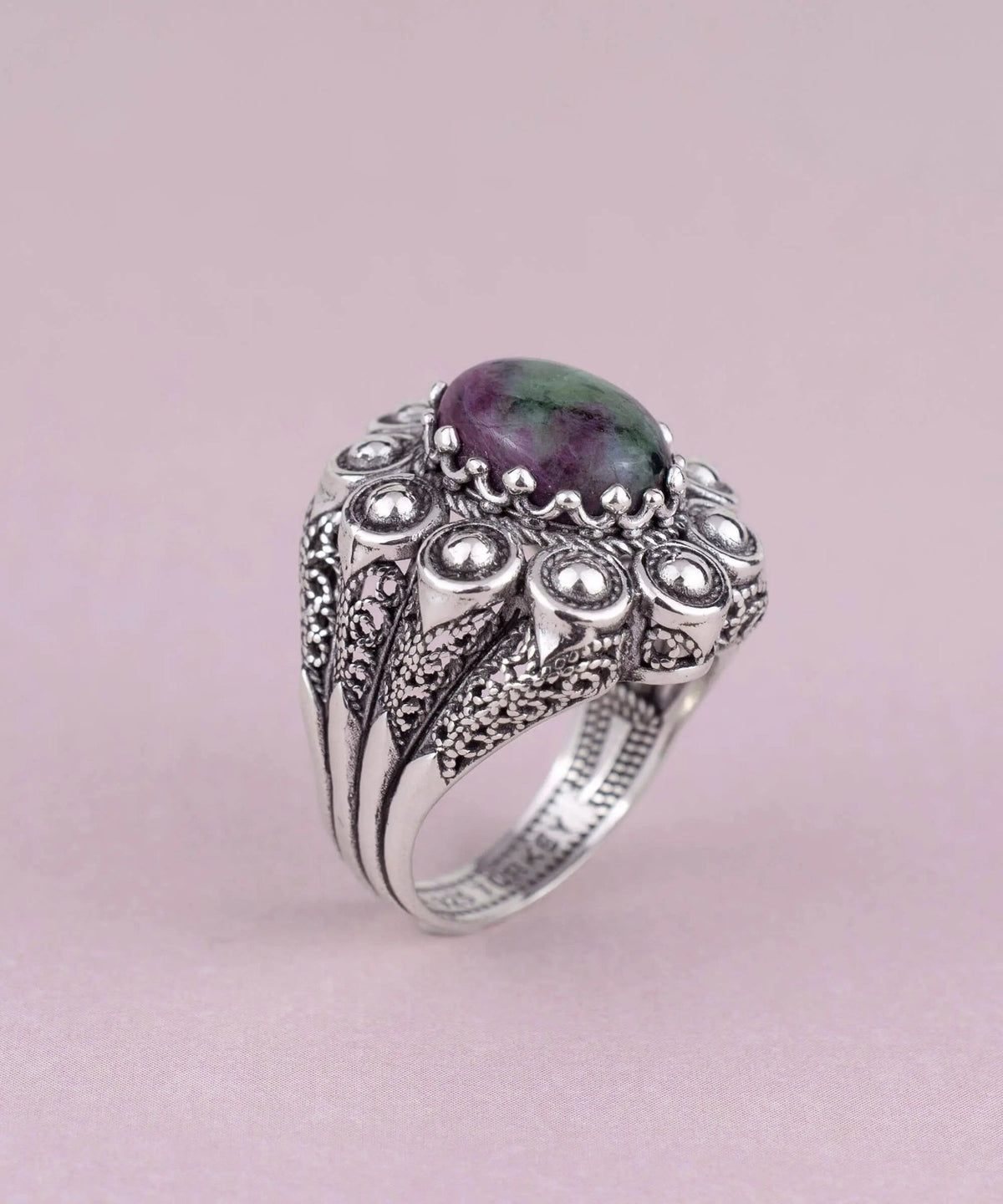 Filigree Art Ruby Zoisite Gemstone Women Statement Dome Ring - Drakoi Marketplace