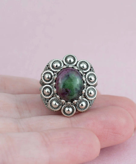 Filigree Art Ruby Zoisite Gemstone Women Statement Dome Ring - Drakoi Marketplace