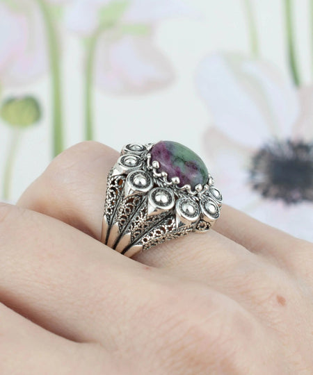 Filigree Art Ruby Zoisite Gemstone Women Statement Dome Ring - Drakoi Marketplace