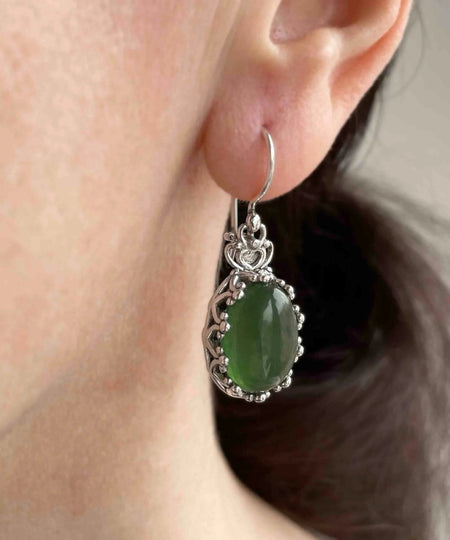 Filigree Art Serpentine Gemstone Crown Figured Women Silver Oval Drop Earrings - Drakoi Marketplace