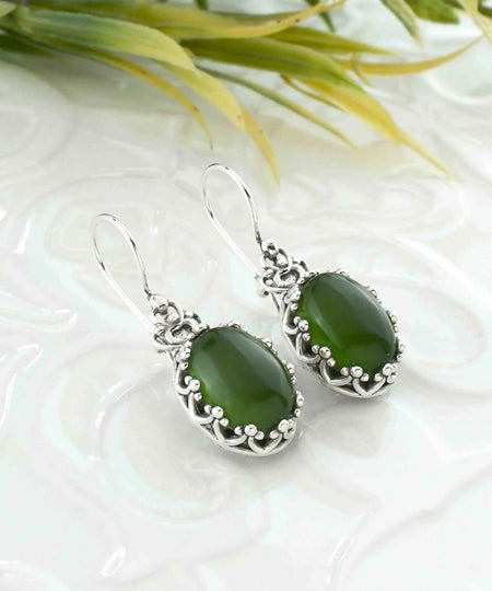 Filigree Art Serpentine Gemstone Crown Figured Women Silver Oval Drop Earrings - Drakoi Marketplace