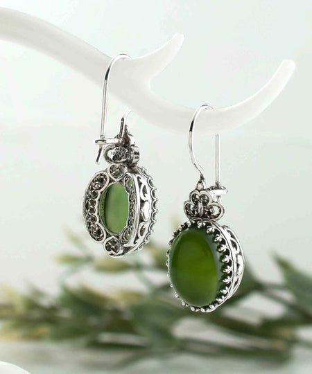 Filigree Art Serpentine Gemstone Heart Detailed Women Silver Oval Drop Earrings - Drakoi Marketplace