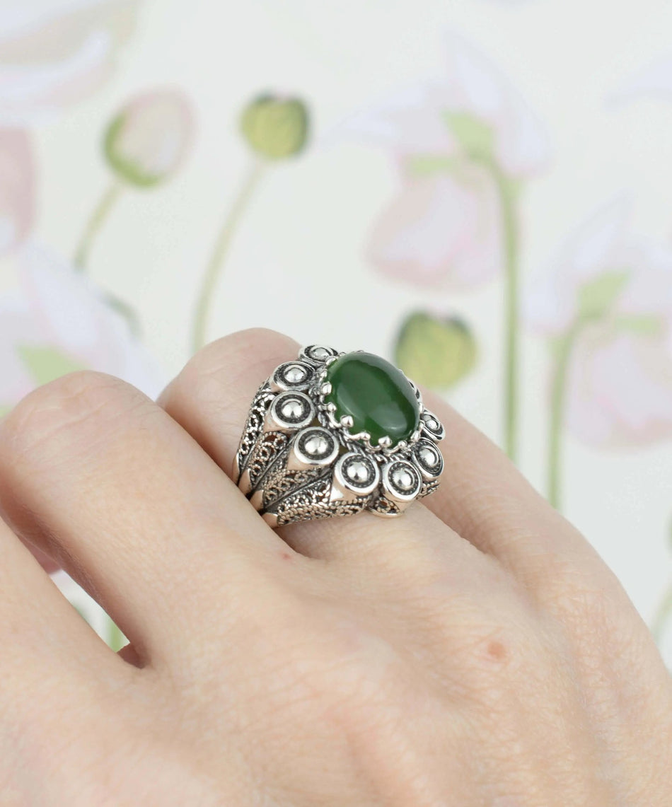 Filigree Art Serpentine Gemstone Women Statement Dome Ring - Drakoi Marketplace