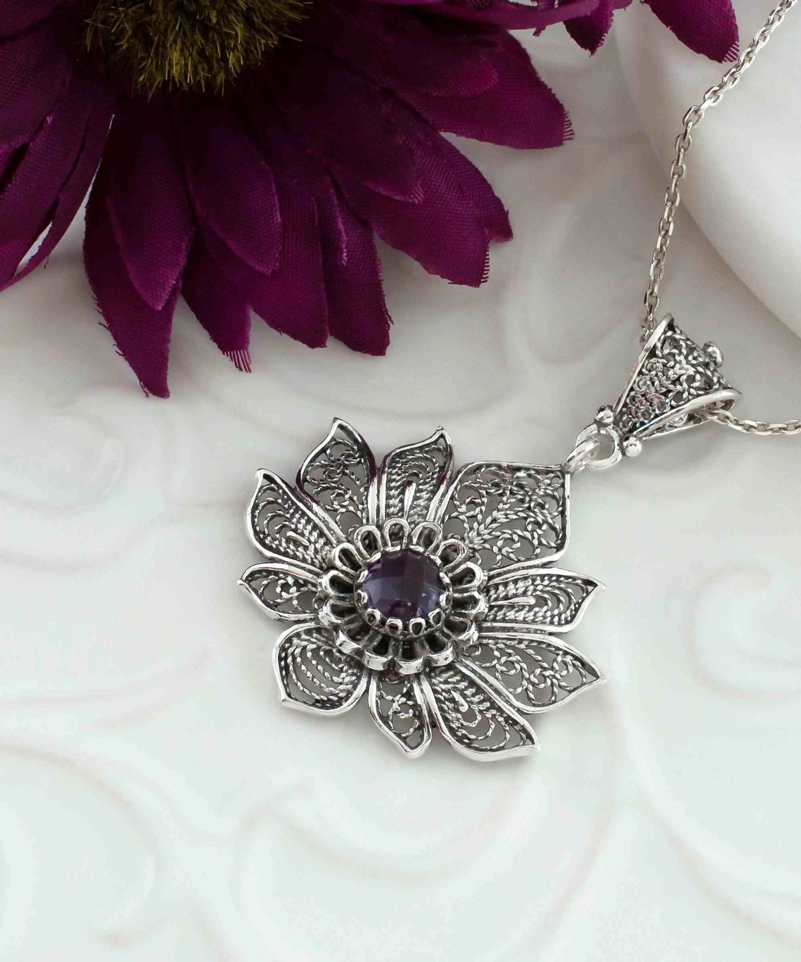 Filigree Art Silver Lotus Flower Amethyst Gemstone Women Pendant Necklace - Drakoi Marketplace