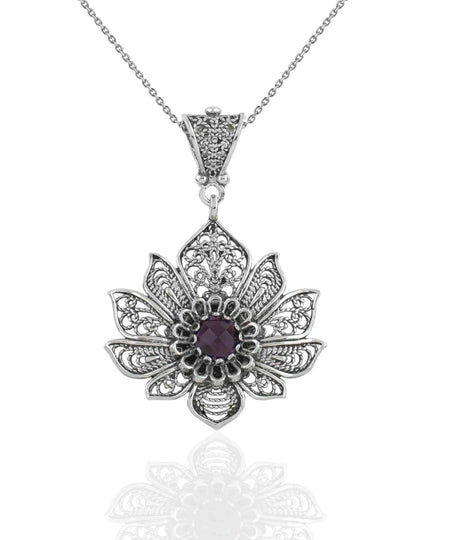 Filigree Art Silver Lotus Flower Amethyst Gemstone Women Pendant Necklace - Drakoi Marketplace