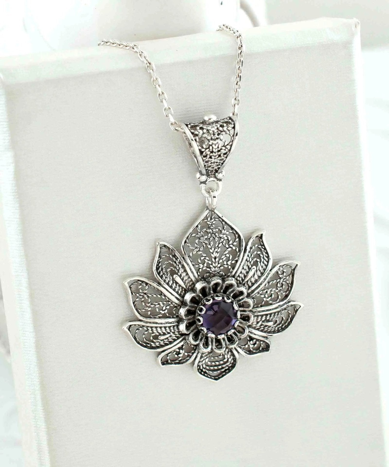 Filigree Art Silver Lotus Flower Amethyst Gemstone Women Pendant Necklace - Drakoi Marketplace