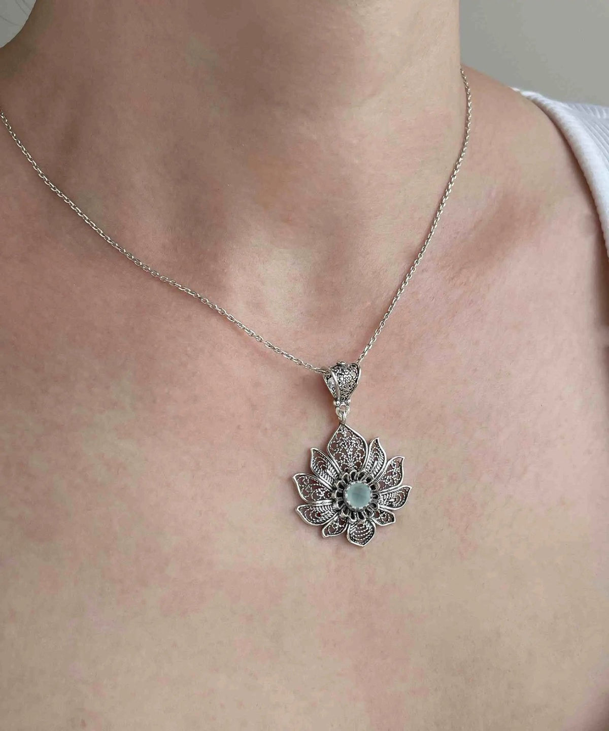 Filigree Art Silver Lotus Flower Aqua Chalcedony Gemstone Women Pendant Necklace - Drakoi Marketplace