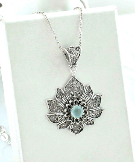 Filigree Art Silver Lotus Flower Aqua Chalcedony Gemstone Women Pendant Necklace - Drakoi Marketplace