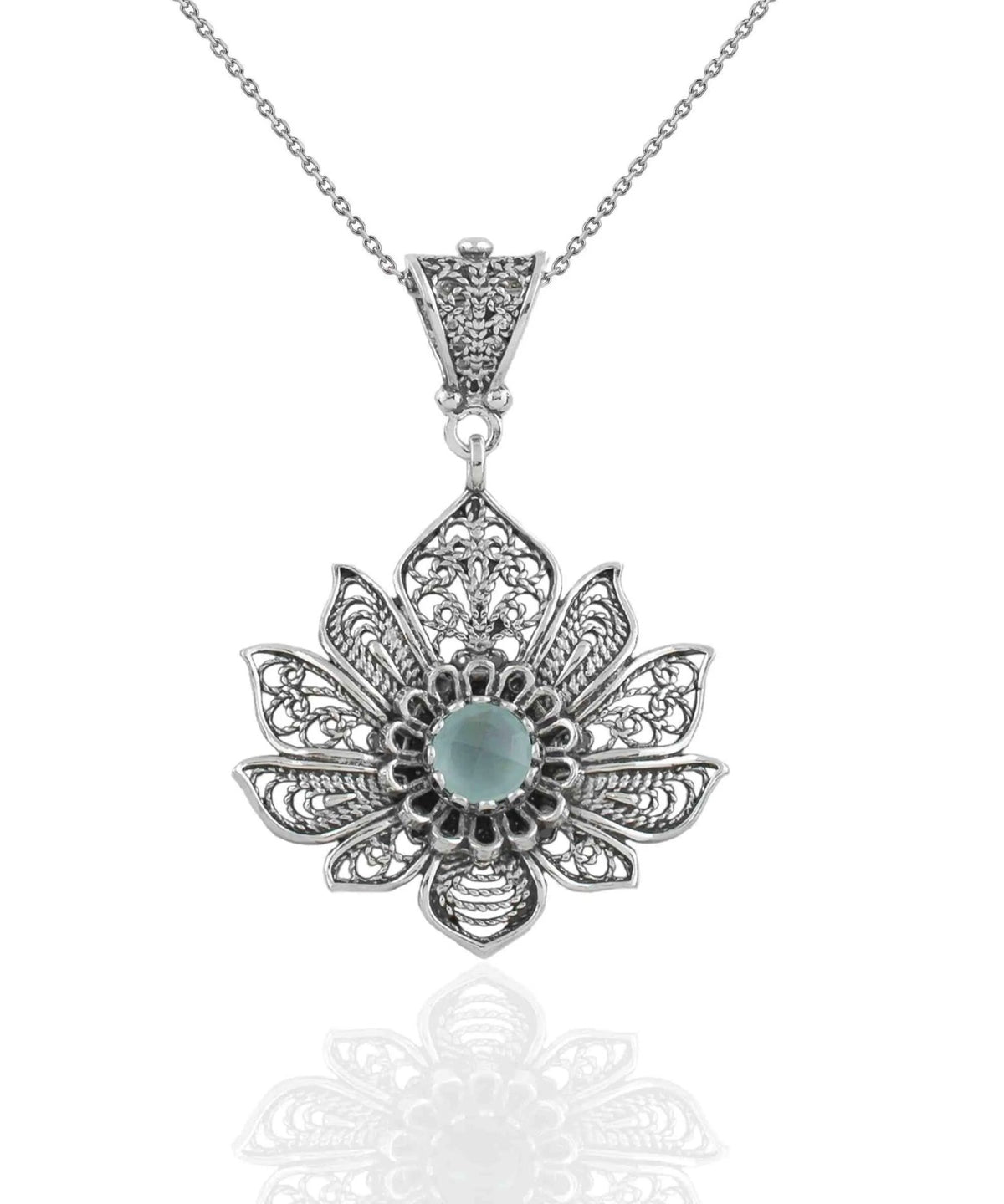 Filigree Art Silver Lotus Flower Aqua Chalcedony Gemstone Women Pendant Necklace - Drakoi Marketplace