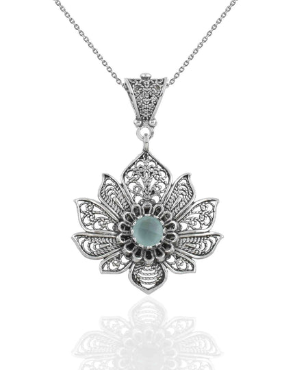 Filigree Art Silver Lotus Flower Aqua Chalcedony Gemstone Women Pendant Necklace - Drakoi Marketplace