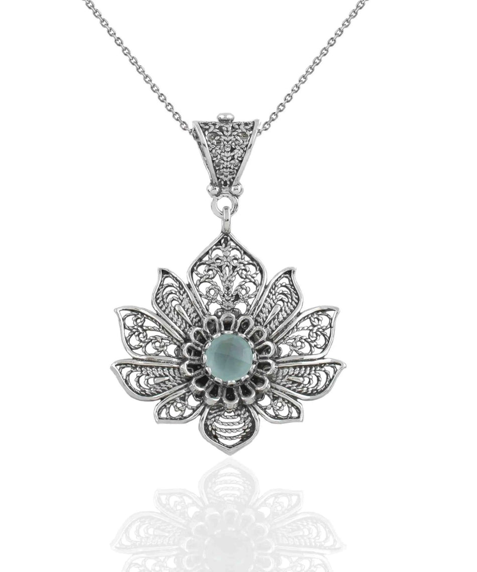 Filigree Art Silver Lotus Flower Aqua Chalcedony Gemstone Women Pendant Necklace - Drakoi Marketplace