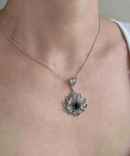 Filigree Art Silver Lotus Flower Black Onyx Gemstone Women Pendant Necklace - Drakoi Marketplace