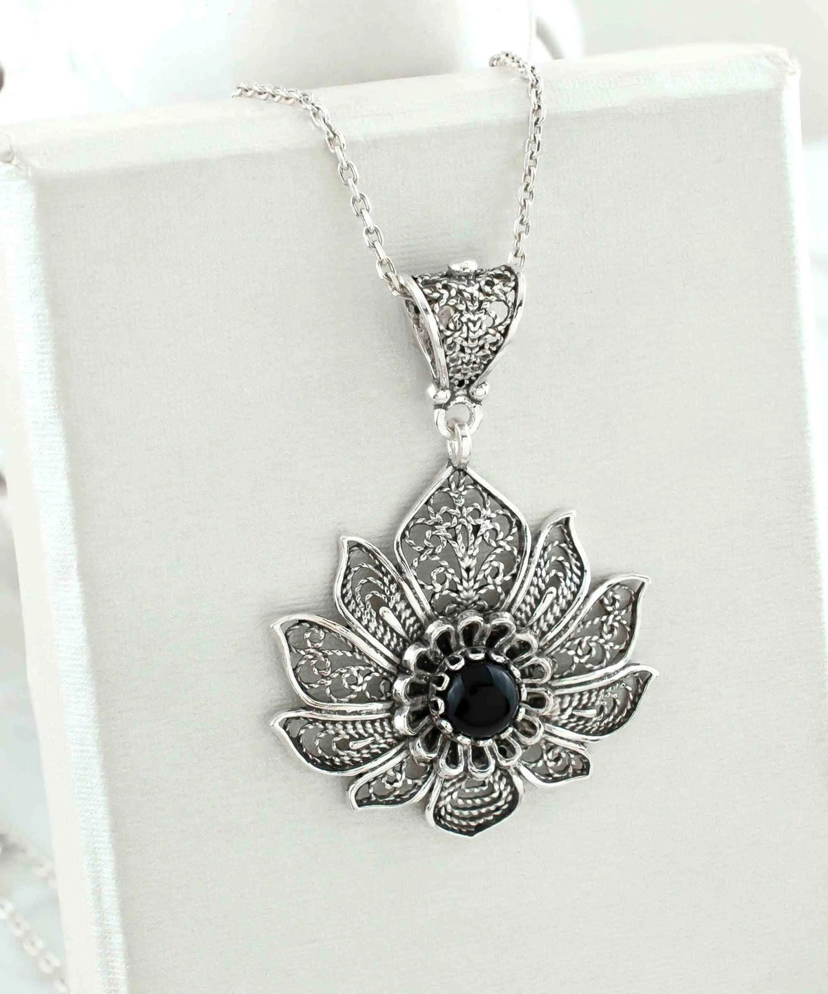 Filigree Art Silver Lotus Flower Black Onyx Gemstone Women Pendant Necklace - Drakoi Marketplace