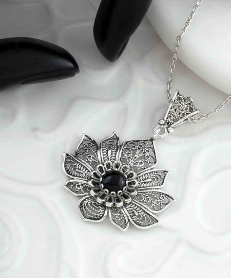 Filigree Art Silver Lotus Flower Black Onyx Gemstone Women Pendant Necklace - Drakoi Marketplace