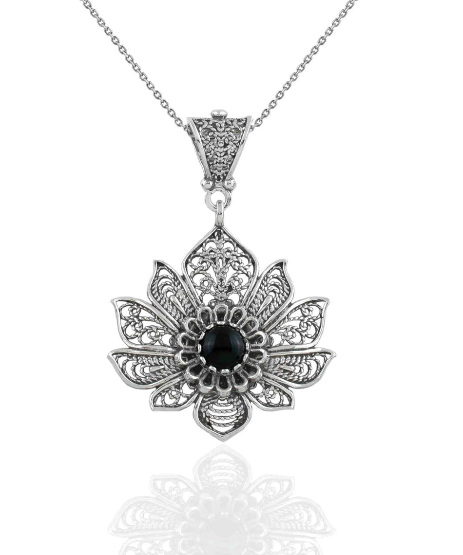 Filigree Art Silver Lotus Flower Black Onyx Gemstone Women Pendant Necklace - Drakoi Marketplace