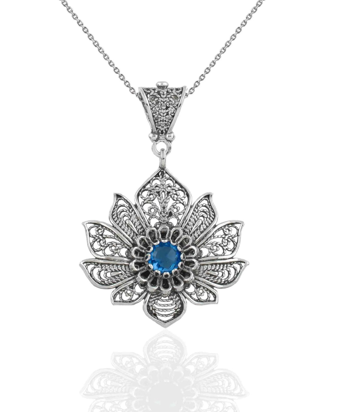 Filigree Art Silver Lotus Flower Blue Quartz Gemstone Women Pendant Necklace - Drakoi Marketplace