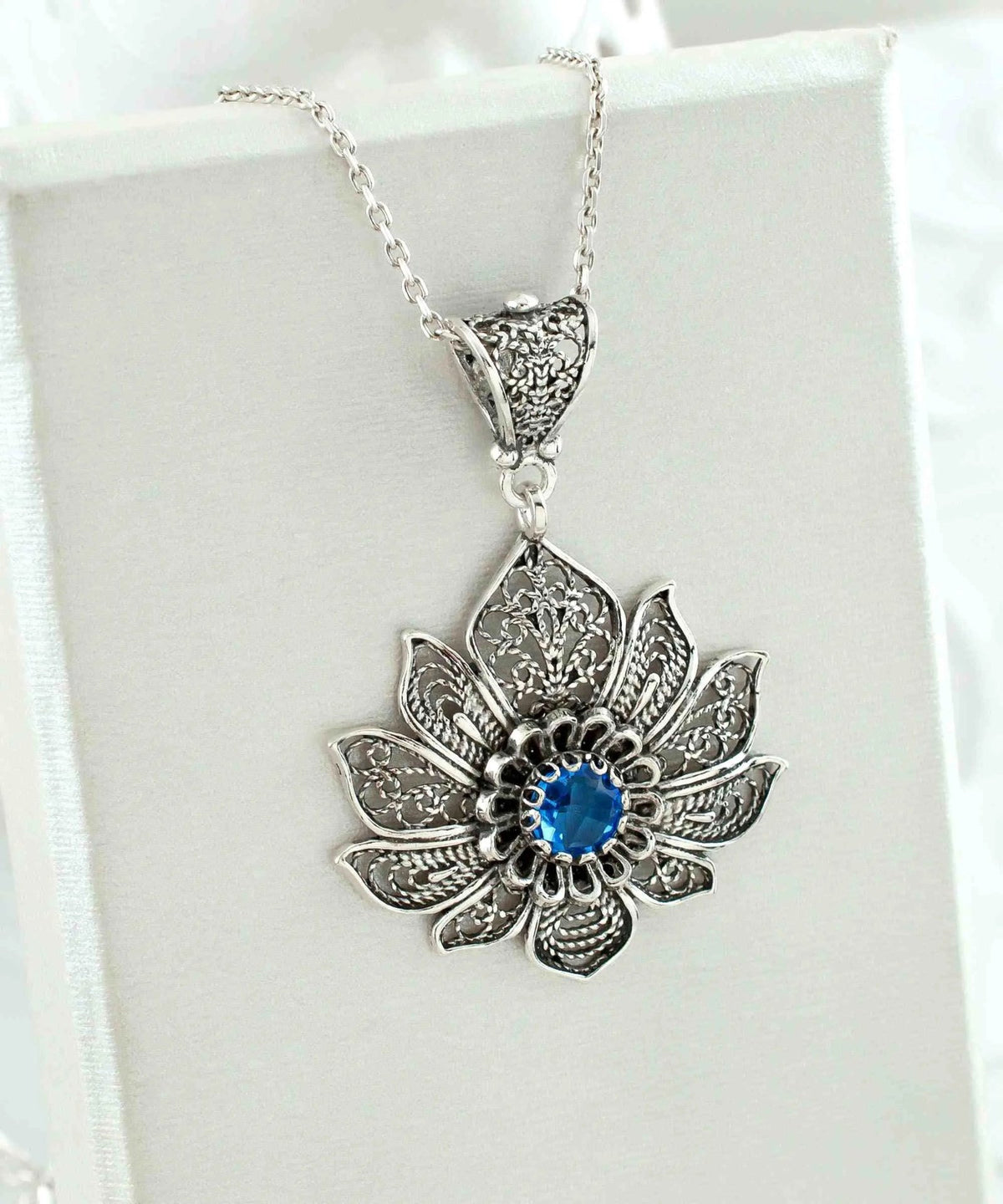 Filigree Art Silver Lotus Flower Blue Quartz Gemstone Women Pendant Necklace - Drakoi Marketplace