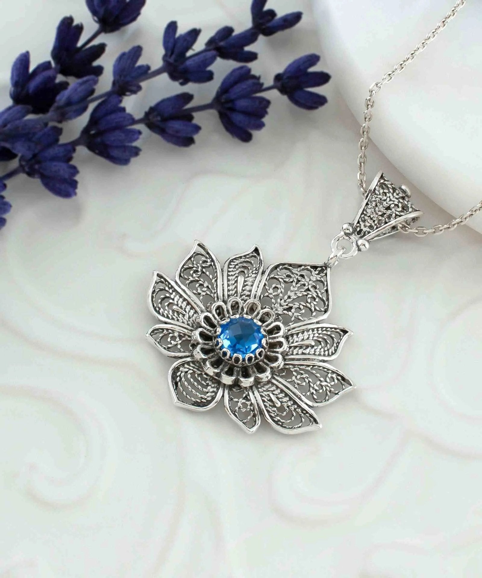 Filigree Art Silver Lotus Flower Blue Quartz Gemstone Women Pendant Necklace - Drakoi Marketplace